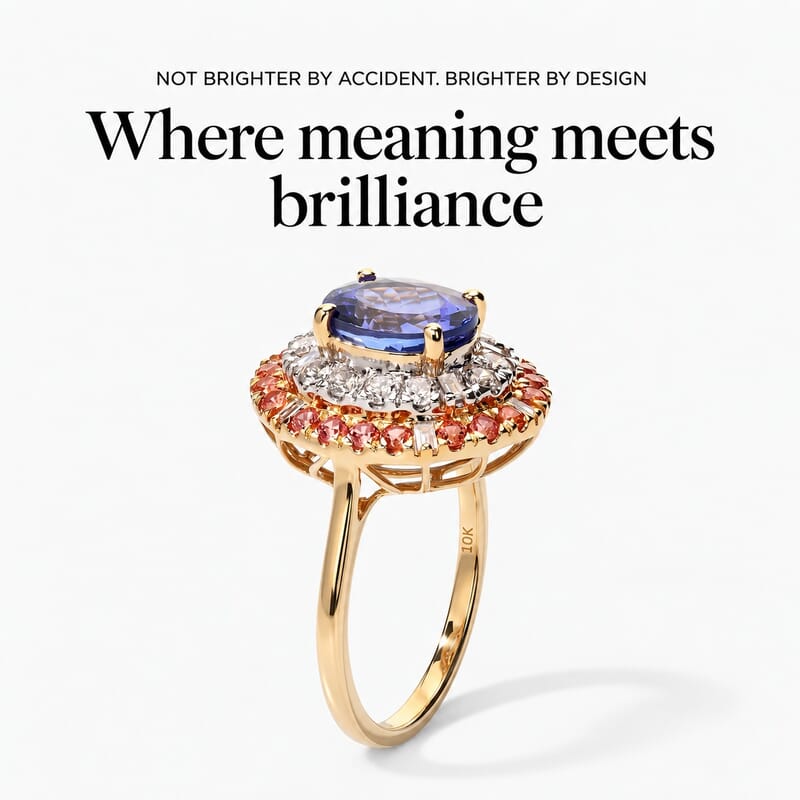 Certified & Appraised AAA Tanzanite and Padparadscha Sapphire (BT), Luxuriant Lab Grown Diamond G-H SI 3.25 ctw Ring in 10K Yellow Gold (Size 8.0)