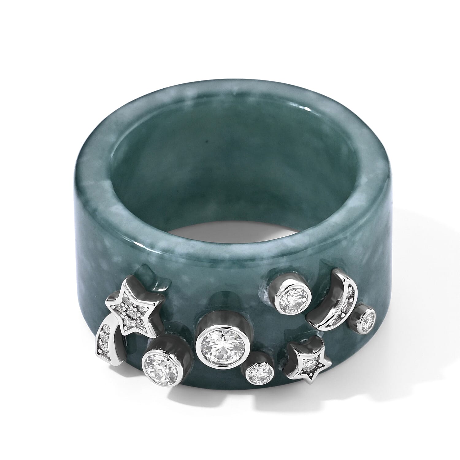 D'Joy Natural Olmec Jadeite and Moissanite 34.40 ctw Moon and Stars Ring in Rhodium Over Sterling Silver (Size 6.0)