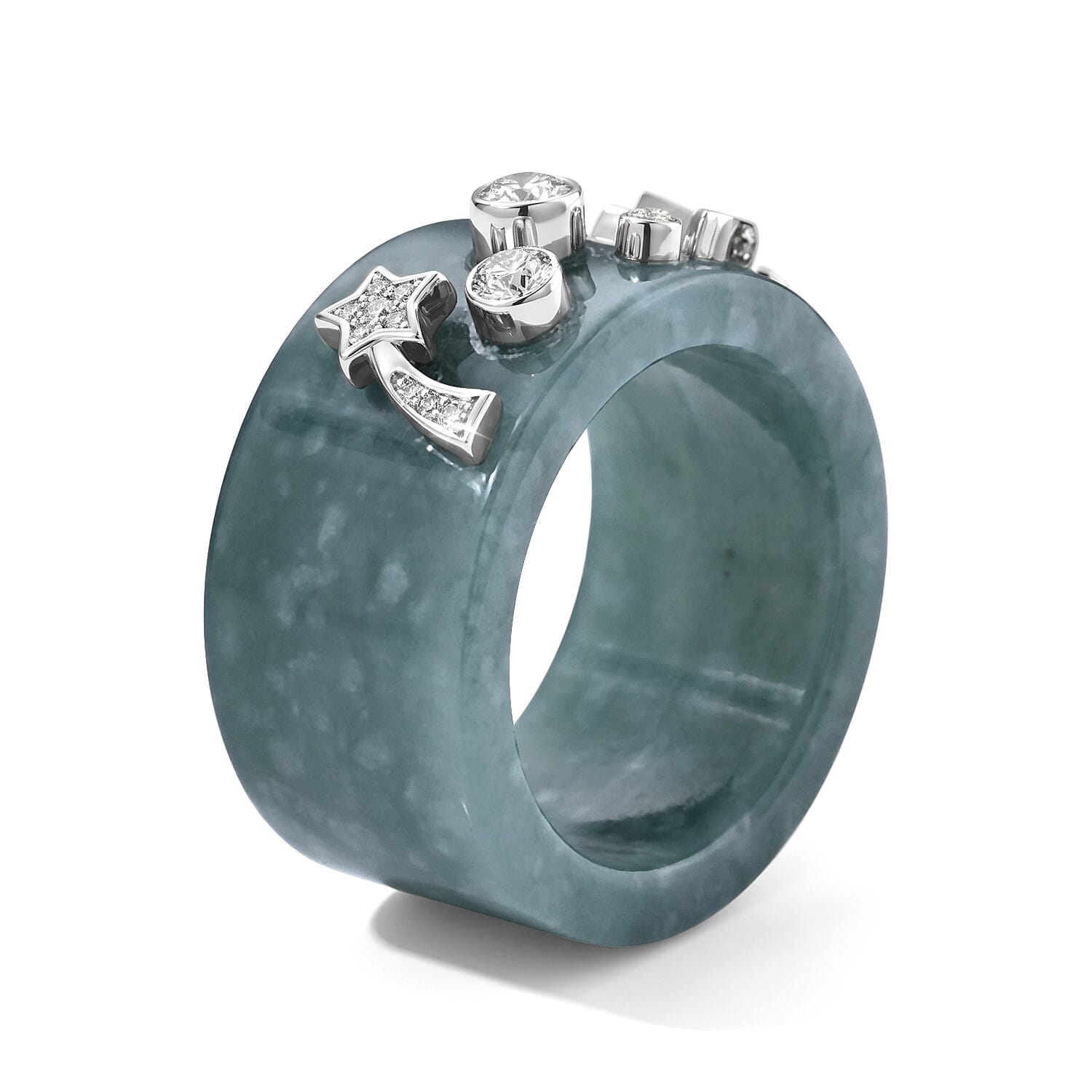D'Joy Natural Olmec Jadeite and Moissanite 34.40 ctw Moon and Stars Ring in Rhodium Over Sterling Silver (Size 6.0)