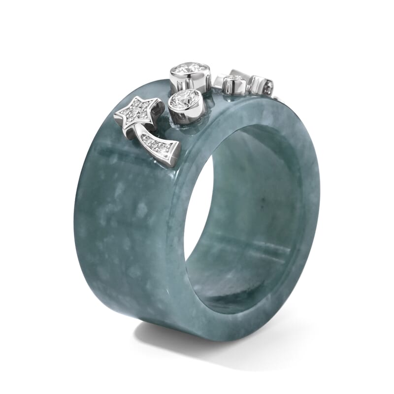 D'Joy Natural Olmec Jadeite and Moissanite 34.40 ctw Moon and Stars Ring in Rhodium Over Sterling Silver (Size 6.0)