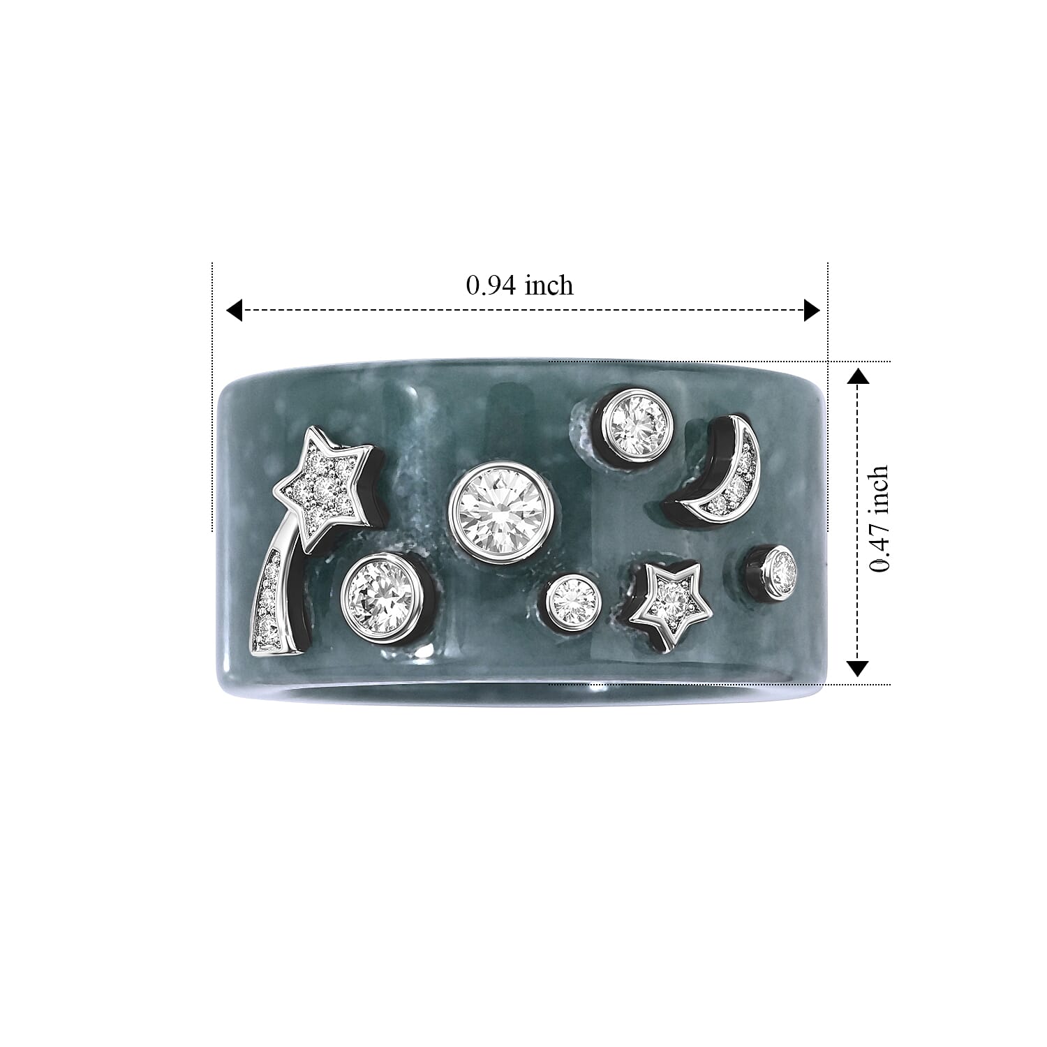 D'Joy Natural Olmec Jadeite and Moissanite 34.40 ctw Moon and Stars Ring in Rhodium Over Sterling Silver (Size 6.0)
