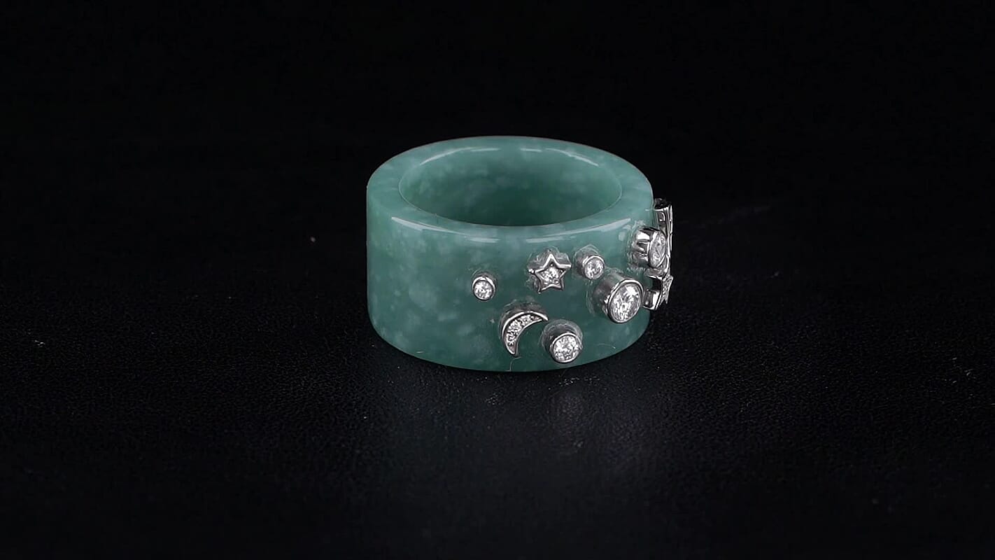 D''Joy Natural Olmec Jadeite and Moissanite 34.40 ctw Moon and Stars Ring in Rhodium Over Sterling Silver (Size 7.0)
