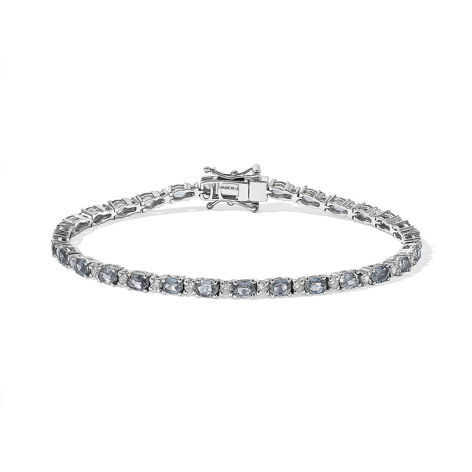 D'Joy Premium Montana Sapphire and Moissanite 6.50 ctw Rockies Riverlight Bracelet in Rhodium Over Sterling Silver (6.50 In)