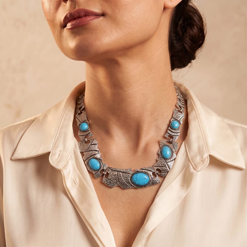 Blue Howlite 40.00 ctw Necklace in Silvertone 16.5-18.50 Inches
