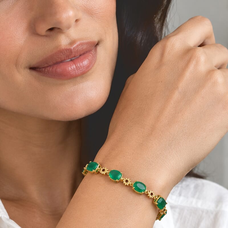 EverTrue Verde Onyx and Mozambique Garnet 11.35 ctw Verdant Garden Bracelet in 18K YG Plated (7.25 In)