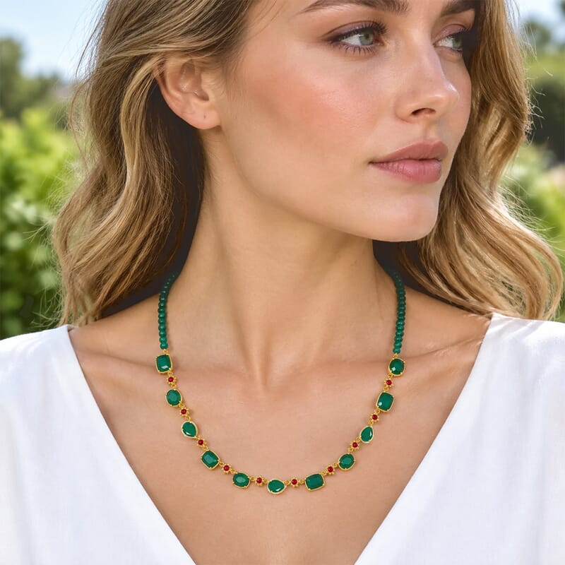EverTrue Verde Onyx and Mozambique Garnet 28.65 ctw Verdant Garden Necklace (18 Inches) in 18K YG Plated