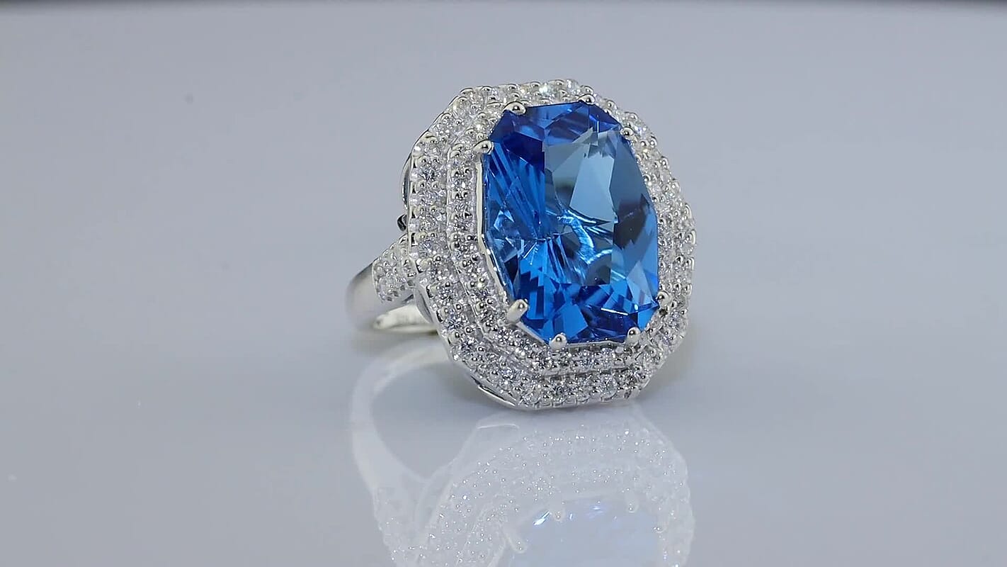 Certified and Appraised D''Joy Premium Swiss Blue Topaz, Moissanite Ring in Rhodium Over Sterling Silver (Size 10.0) 12.05 ctw