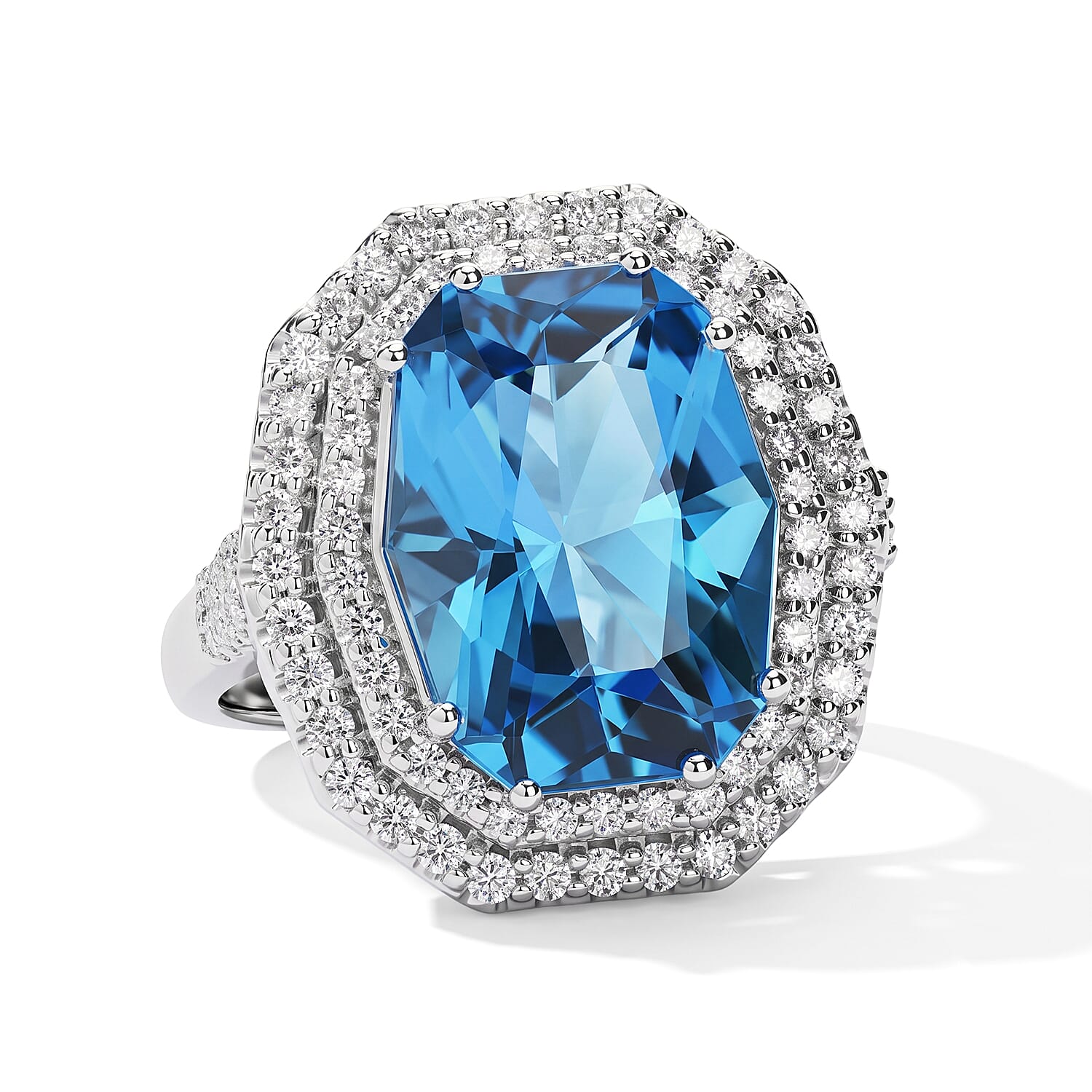 Certified and Appraised D''Joy Premium Swiss Blue Topaz, Moissanite Ring in Rhodium Over Sterling Silver (Size 10.0) 12.05 ctw