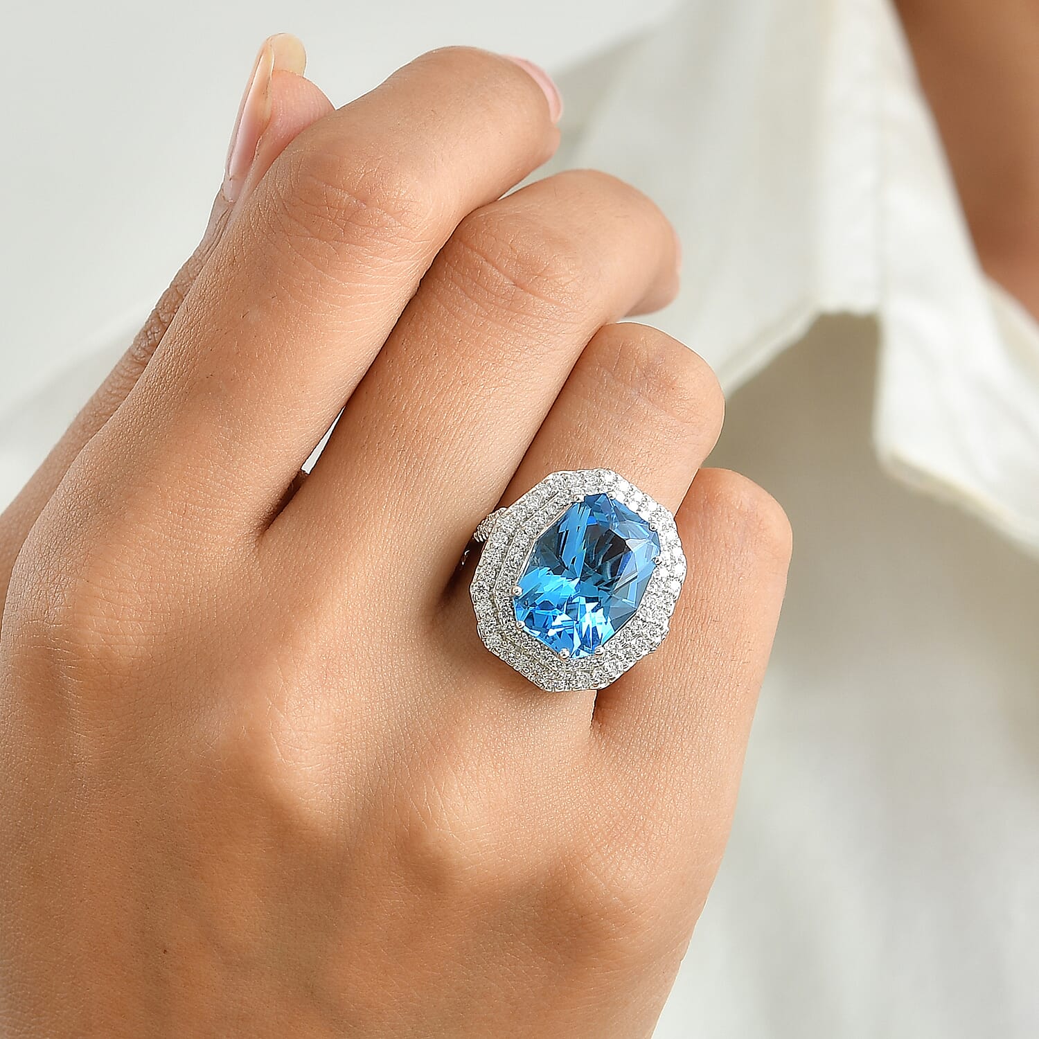 Certified and Appraised D'Joy Premium Swiss Blue Topaz and Moissanite 12.00 ctw Ring in Rhodium Over Sterling Silver (Size 8.0)