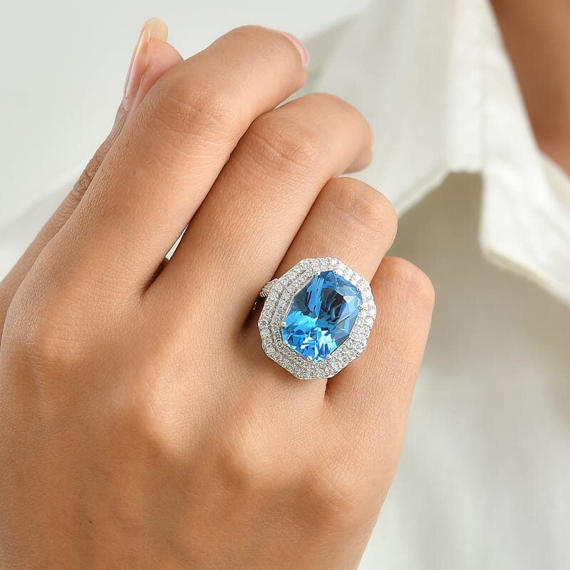 Certified and Appraised D'Joy Premium Swiss Blue Topaz and Moissanite 12.00 ctw Ring in Rhodium Over Sterling Silver (Size 8.0)