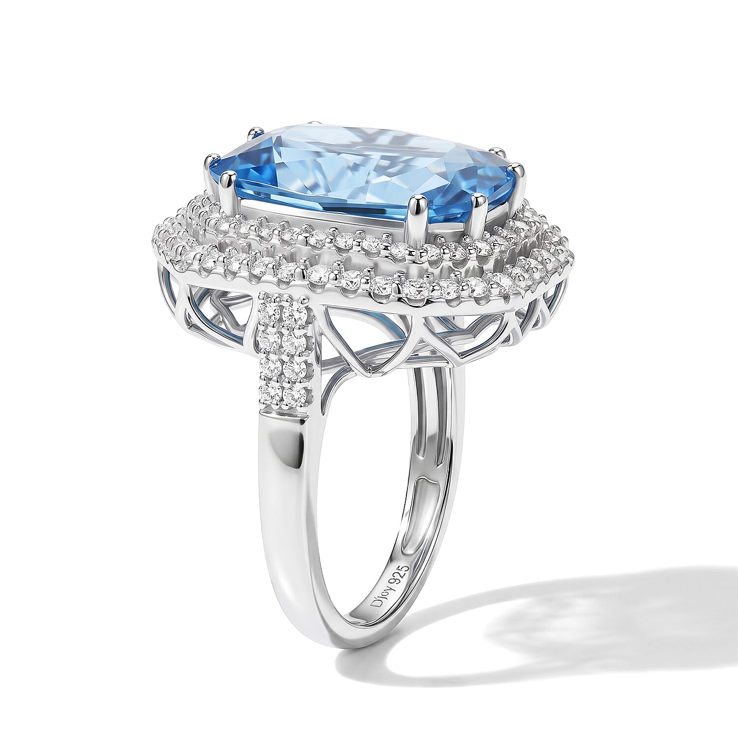 Certified and Appraised D'Joy Premium Swiss Blue Topaz and Moissanite 12.00 ctw Ring in Rhodium Over Sterling Silver (Size 8.0)