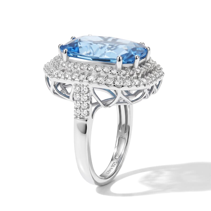 Certified and Appraised D'Joy Premium Swiss Blue Topaz and Moissanite 12.00 ctw Ring in Rhodium Over Sterling Silver (Size 8.0)
