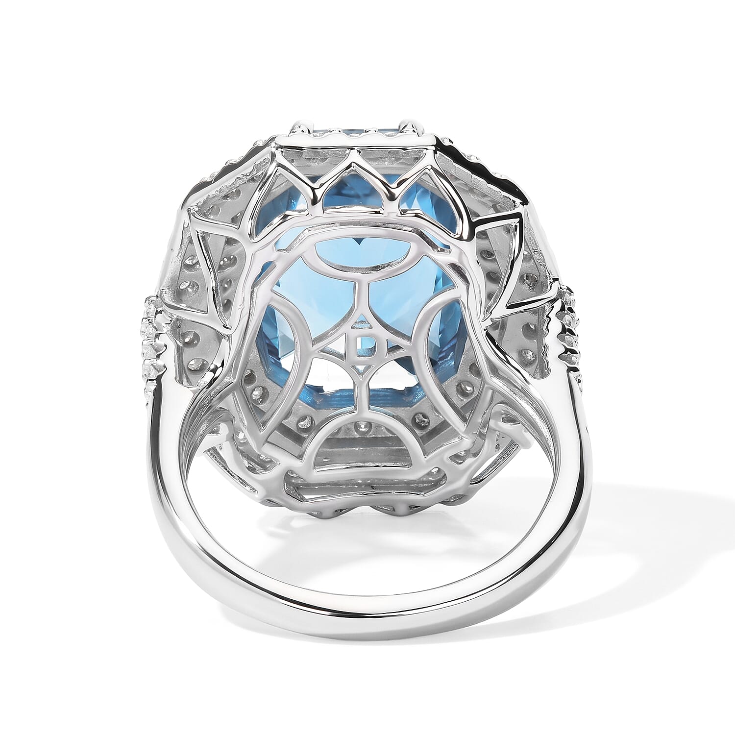 Certified and Appraised D'Joy Premium Swiss Blue Topaz and Moissanite 12.00 ctw Ring in Rhodium Over Sterling Silver (Size 8.0)