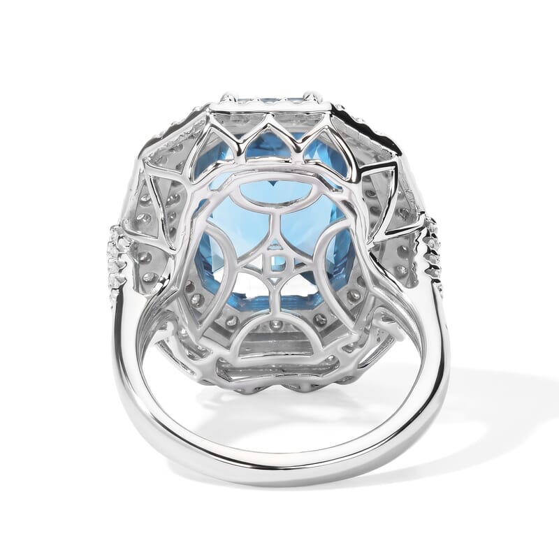 Certified and Appraised D'Joy Premium Swiss Blue Topaz and Moissanite 12.00 ctw Ring in Rhodium Over Sterling Silver (Size 8.0)