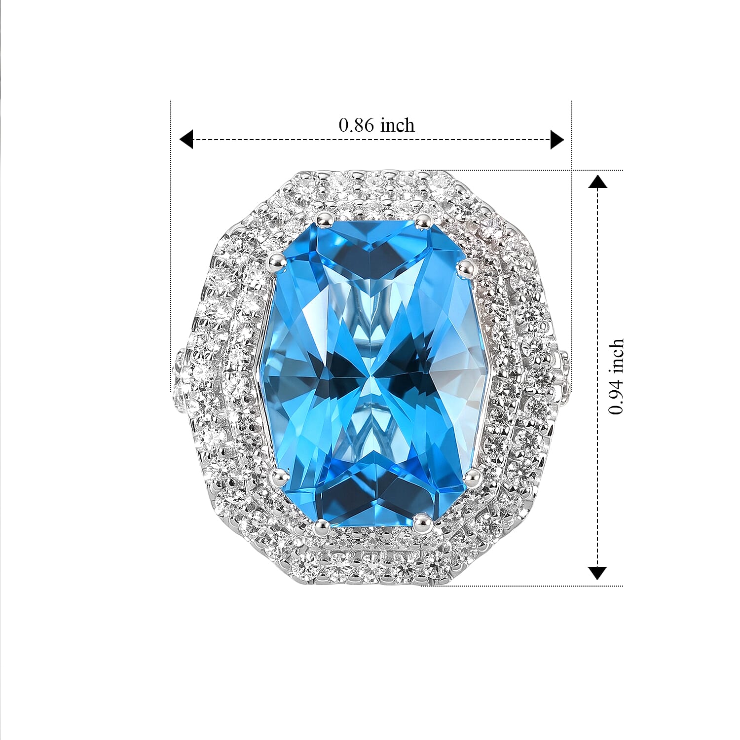 Certified and Appraised D'Joy Premium Swiss Blue Topaz and Moissanite 12.00 ctw Ring in Rhodium Over Sterling Silver (Size 8.0)