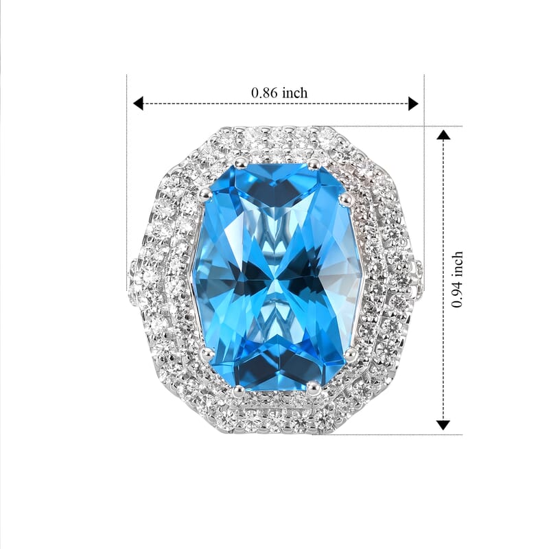 Certified and Appraised D'Joy Premium Swiss Blue Topaz and Moissanite 12.00 ctw Ring in Rhodium Over Sterling Silver (Size 8.0)