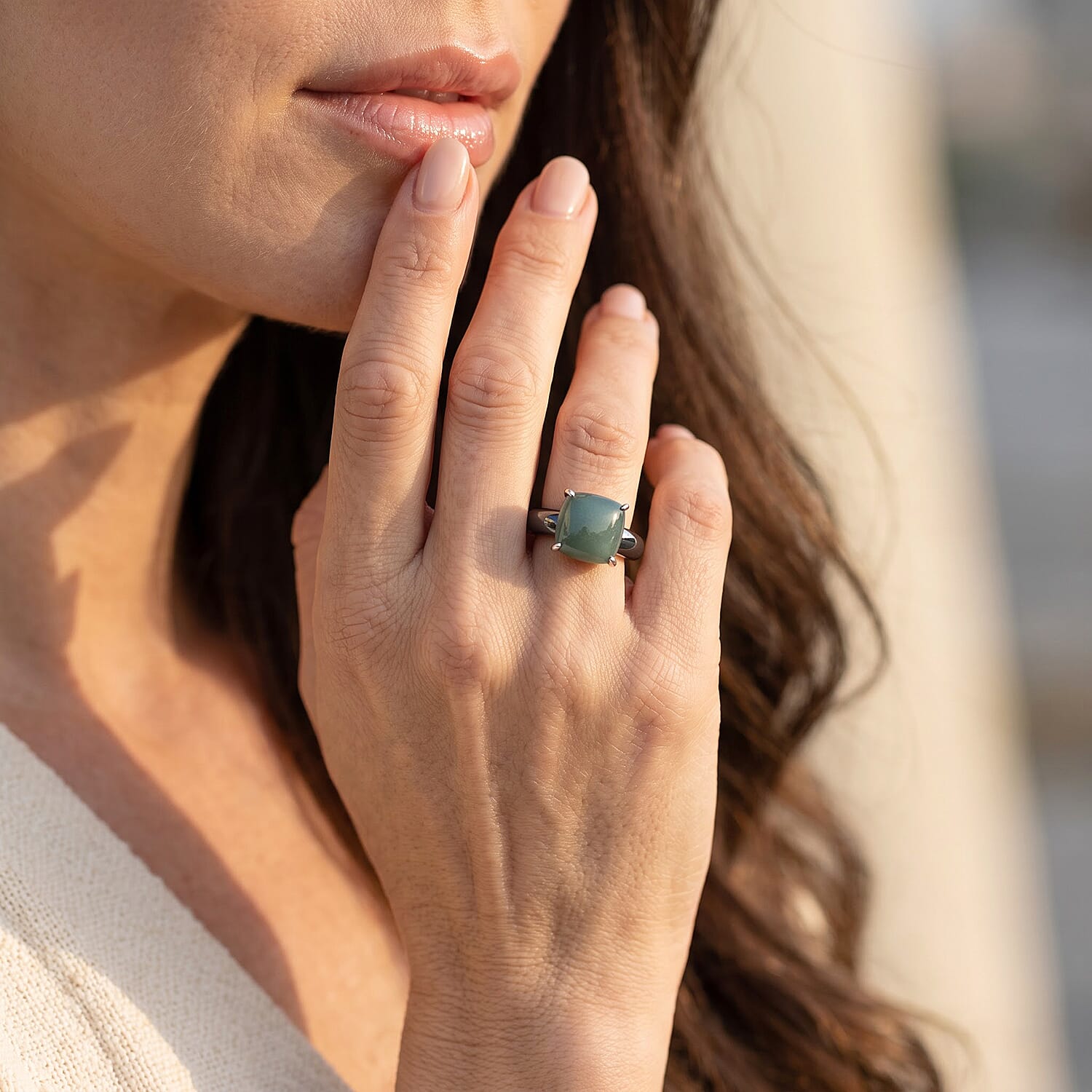 D'Joy Natural Olmec Jadeite and Terahertz 20.15 ctw Ring in Rhodium Over Sterling Silver (Size 10.0)