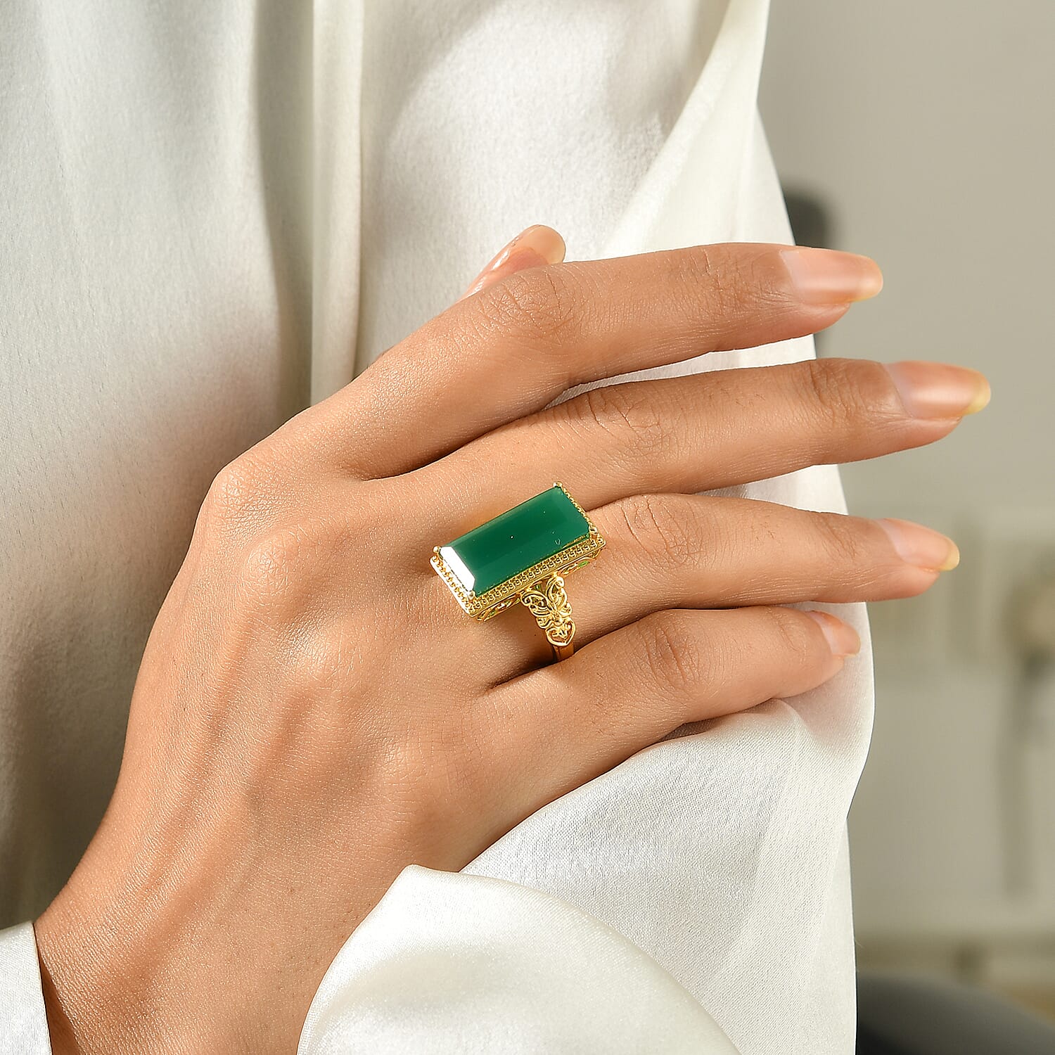 EverTrue Verde Onyx Fillegree Work Ring in 18K YG Plated (Size 5.0) 9.90 ctw