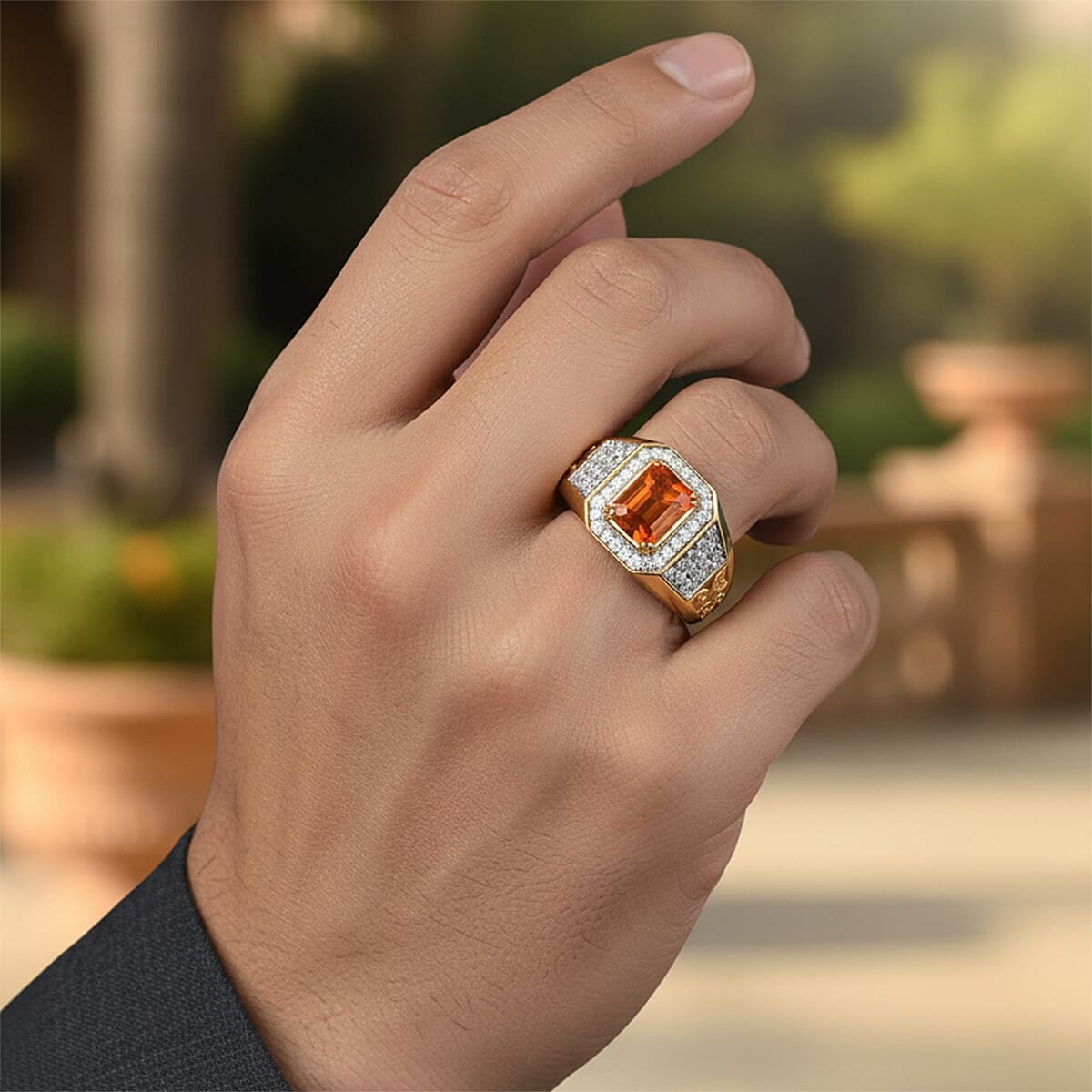 D'Joy AAA Crimson Fire Opal and Moissanite 1.50 ctw Men's Ring in 18K Vermeil Yellow Gold Over Sterling Silver (Size 10.0)