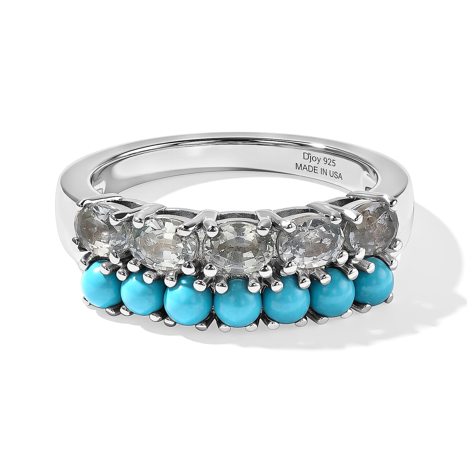 D'Joy Premium Montana Sapphire and Sleeping Beauty Turquoise 2.00 ctw Rockies Twin Horizon Band Ring in Rhodium Over Sterling Silver (Size 5.0)