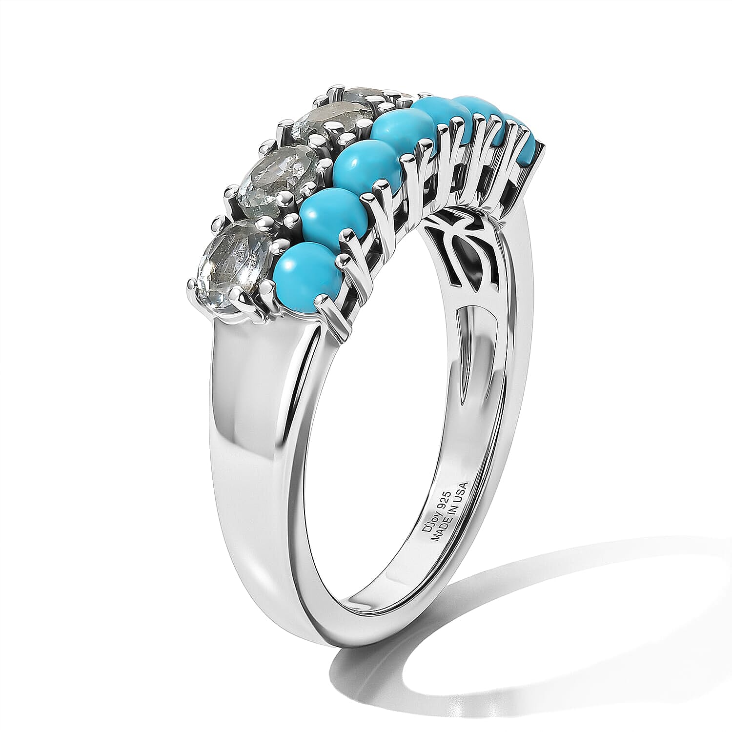 D'Joy Premium Montana Sapphire and Sleeping Beauty Turquoise 2.00 ctw Rockies Twin Horizon Band Ring in Rhodium Over Sterling Silver (Size 5.0)