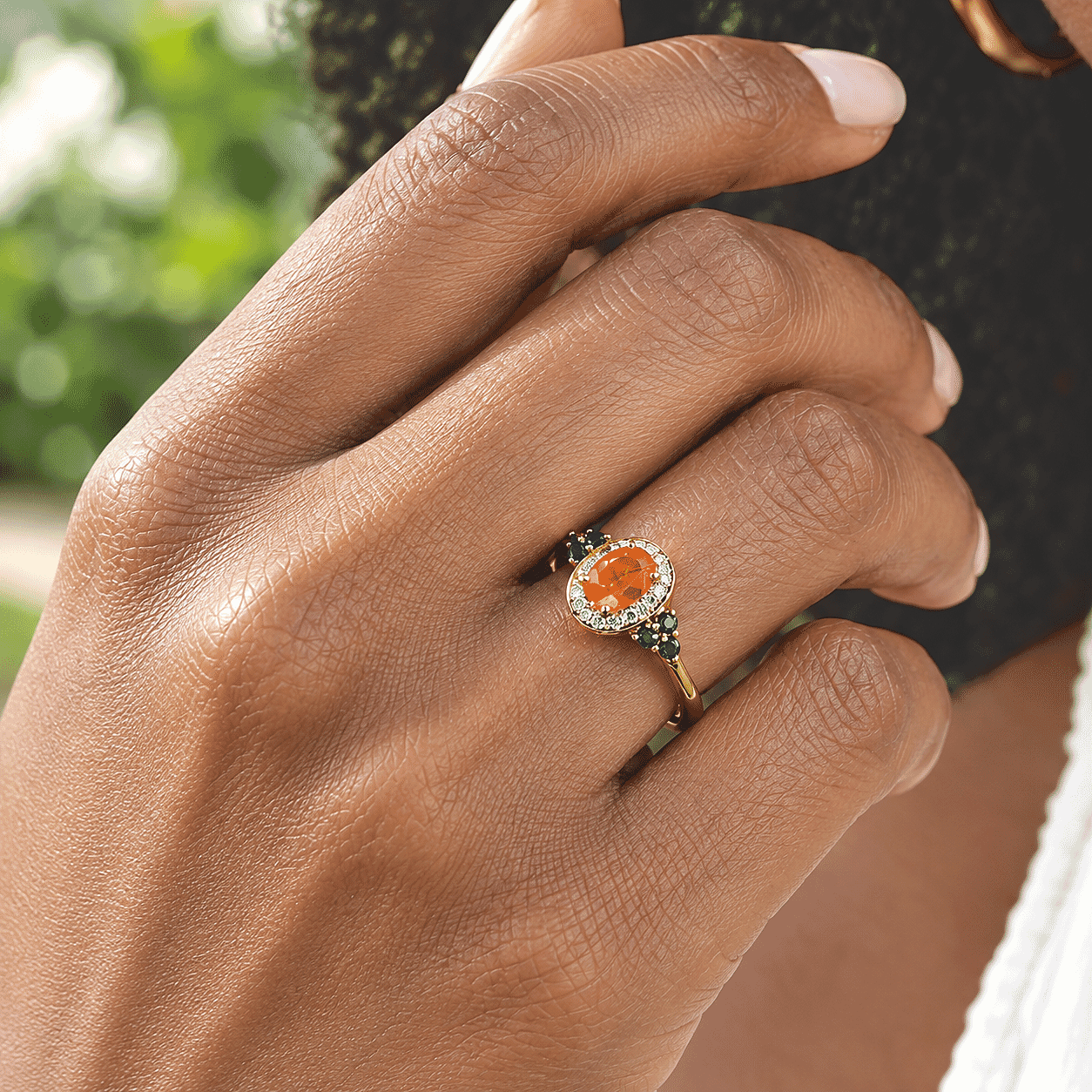 D'Joy AAA Crimson Fire Opal and Multi Gemstone 0.90 ctw Fiery Halo Ring in 18K Vermeil Yellow Gold Over Sterling Silver (Size 5.0)