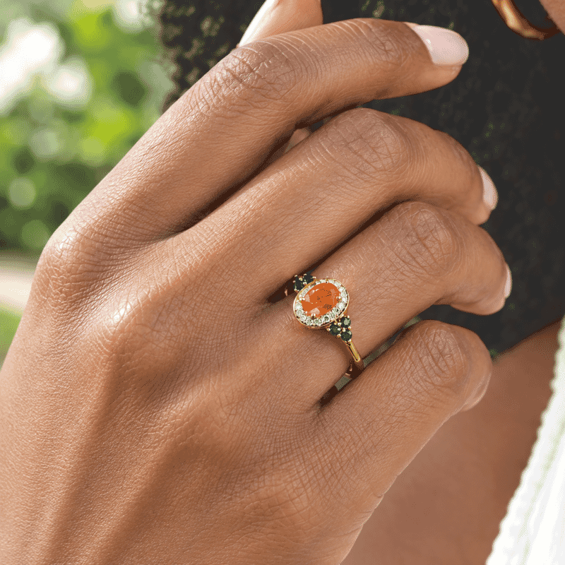 D'Joy AAA Crimson Fire Opal and Multi Gemstone 0.90 ctw Fiery Halo Ring in 18K Vermeil Yellow Gold Over Sterling Silver (Size 5.0)