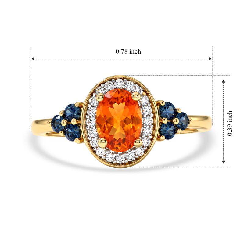 D'Joy AAA Crimson Fire Opal and Multi Gemstone 0.90 ctw Fiery Halo Ring in 18K Vermeil Yellow Gold Over Sterling Silver (Size 5.0)