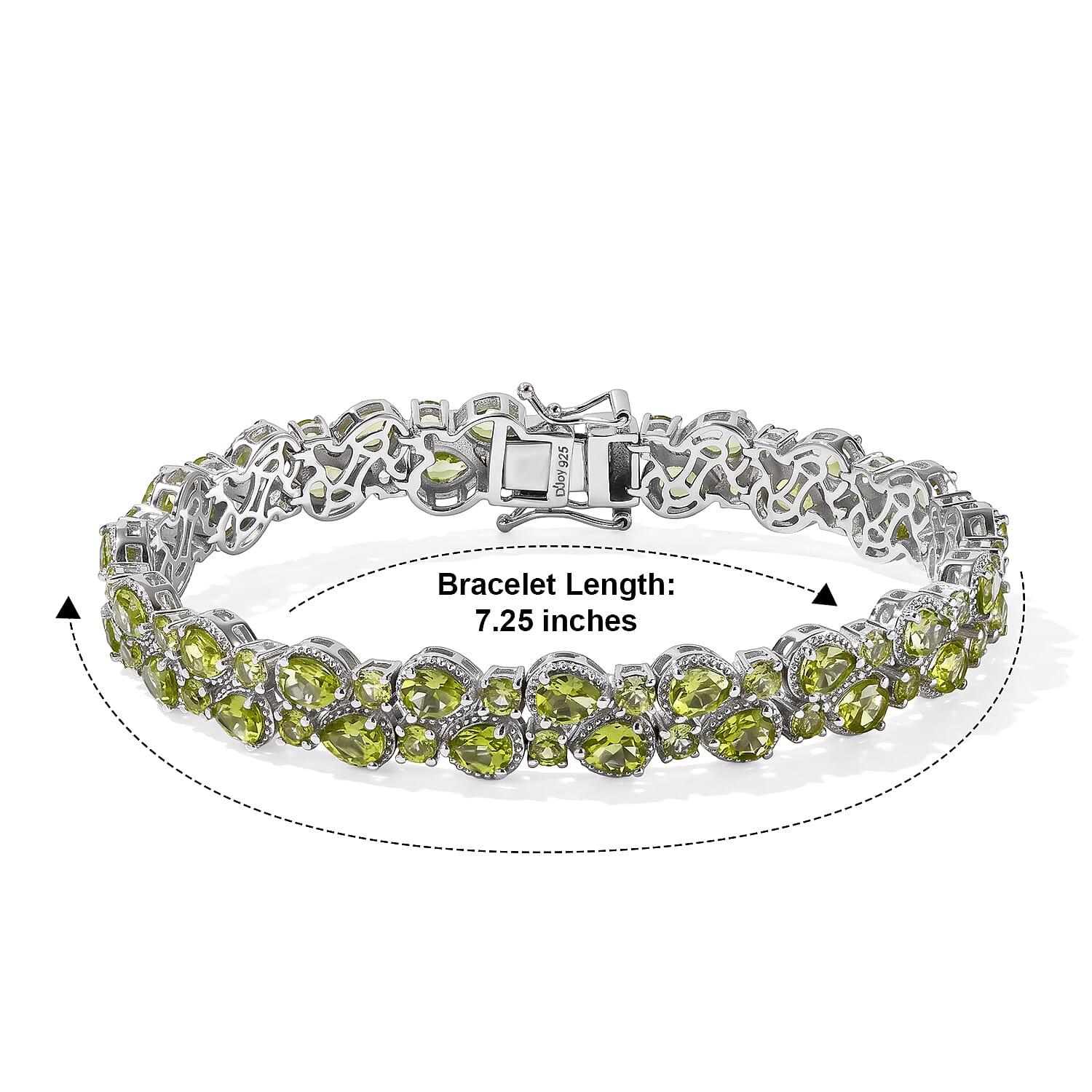 D'Joy Premium Hebei Peridot 16.90 ctw Cluster Bracelet in Rhodium Over Sterling Silver (7.25 In)