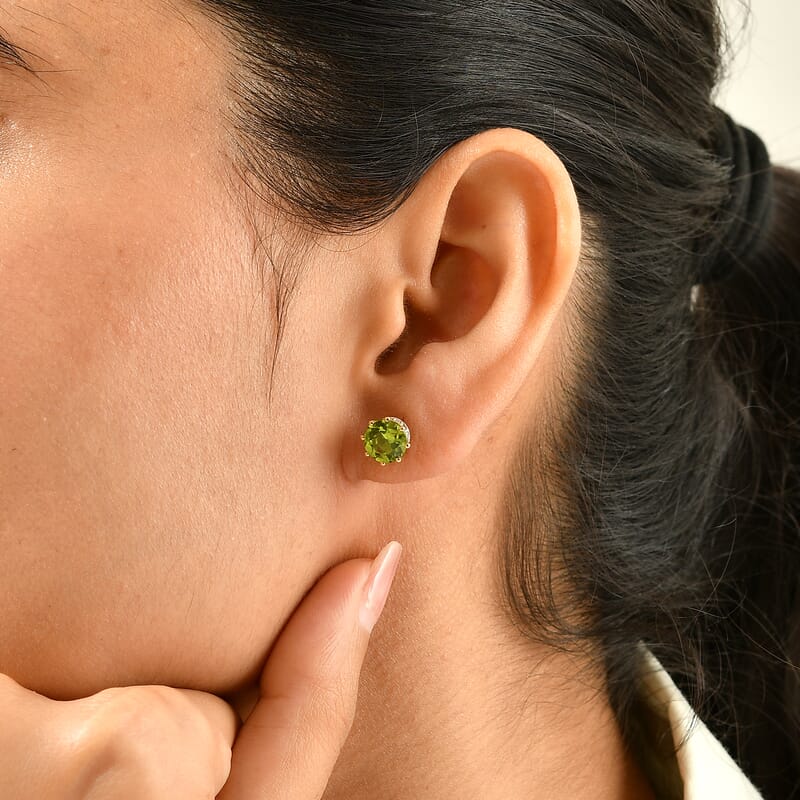 D'Joy Premium Hebei Peridot and Moissanite 3.00 ctw Stud Earrings in 18K Vermeil Yellow Gold Over Sterling Silver