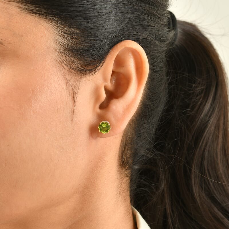 D'Joy Premium Hebei Peridot and Moissanite 3.00 ctw Stud Earrings in 18K Vermeil Yellow Gold Over Sterling Silver