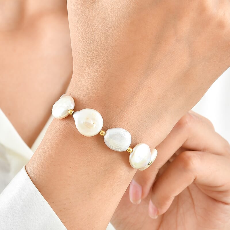 D'joy White Baroque Pearl Bracelet in 18K Vermeil Yellow Gold Over Sterling Silver (7.25 In)
