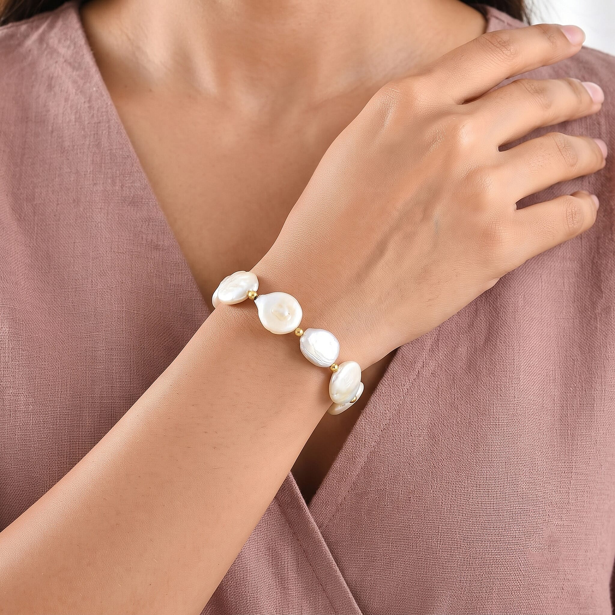 D'joy White Baroque Pearl Bracelet in 18K Vermeil Yellow Gold Over Sterling Silver (7.25 In)