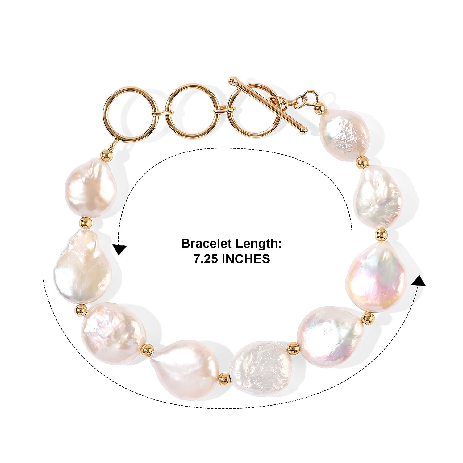 D'joy White Baroque Pearl Bracelet in 18K Vermeil Yellow Gold Over Sterling Silver (7.25 In)