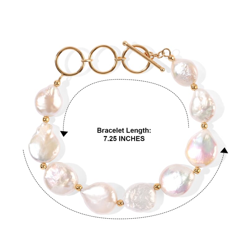 D'joy White Baroque Pearl Bracelet in 18K Vermeil Yellow Gold Over Sterling Silver (7.25 In)