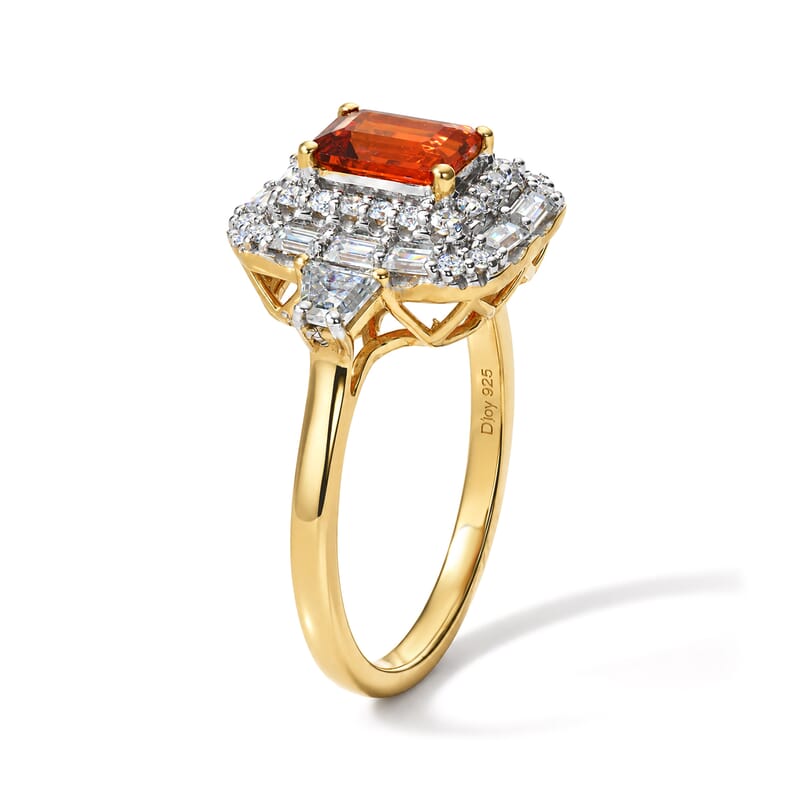 Certified and Appraised D'Joy Premium Crimson Fire Opal and Moissanite 1.76 ctw Ring in 18K Vermeil Yellow Gold Over Sterling Silver (Size 6.0)