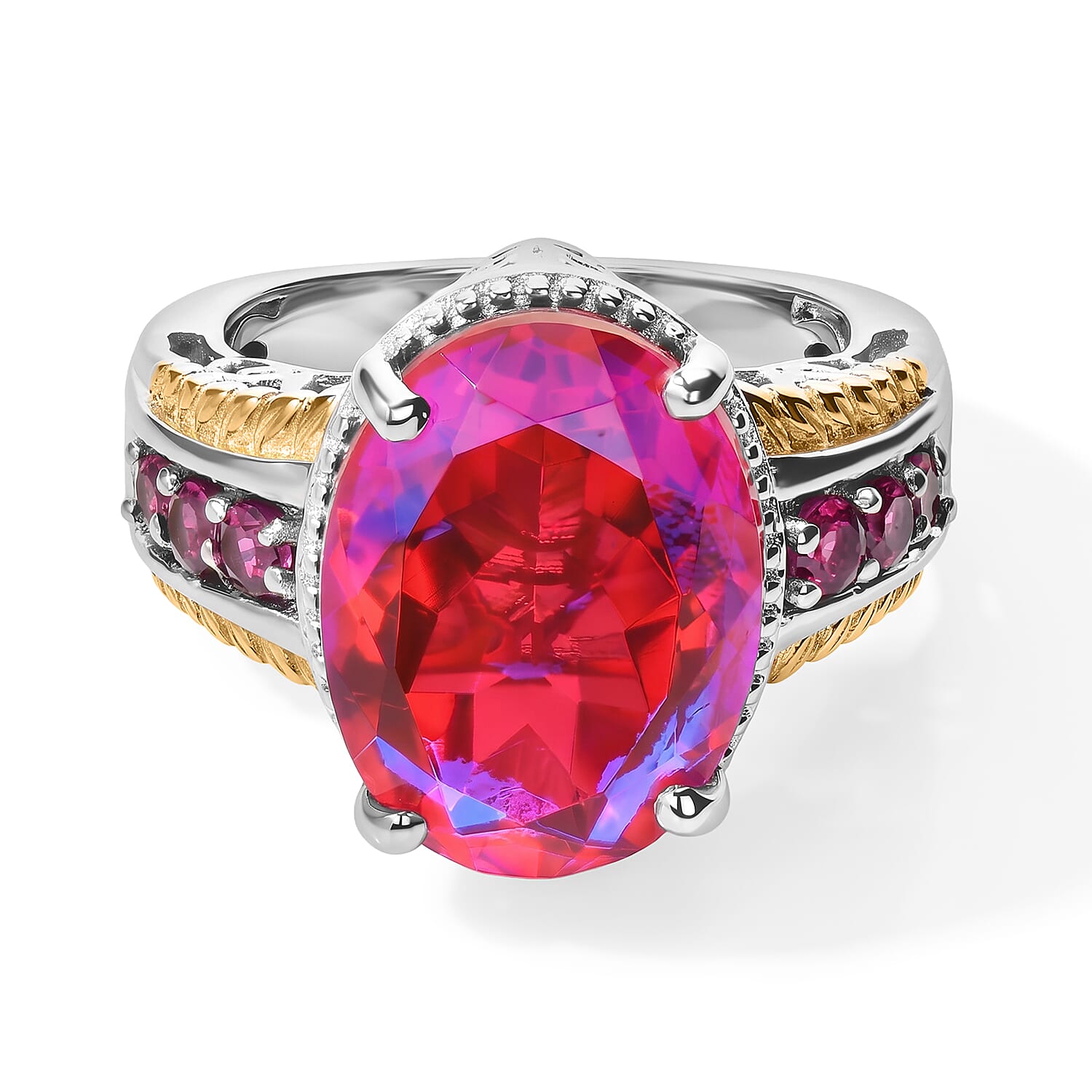 EverTrue Volcanic Triplet Quartz and Orissa Rhodolite Garnet 12.50 ctw Ring in 18K YG Plated and Platinum Bond (Size 5.0)