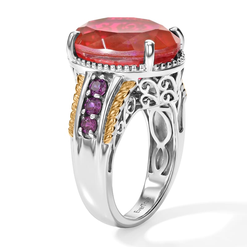 EverTrue Volcanic Triplet Quartz and Orissa Rhodolite Garnet 12.50 ctw Ring in 18K YG Plated and Platinum Bond (Size 5.0)