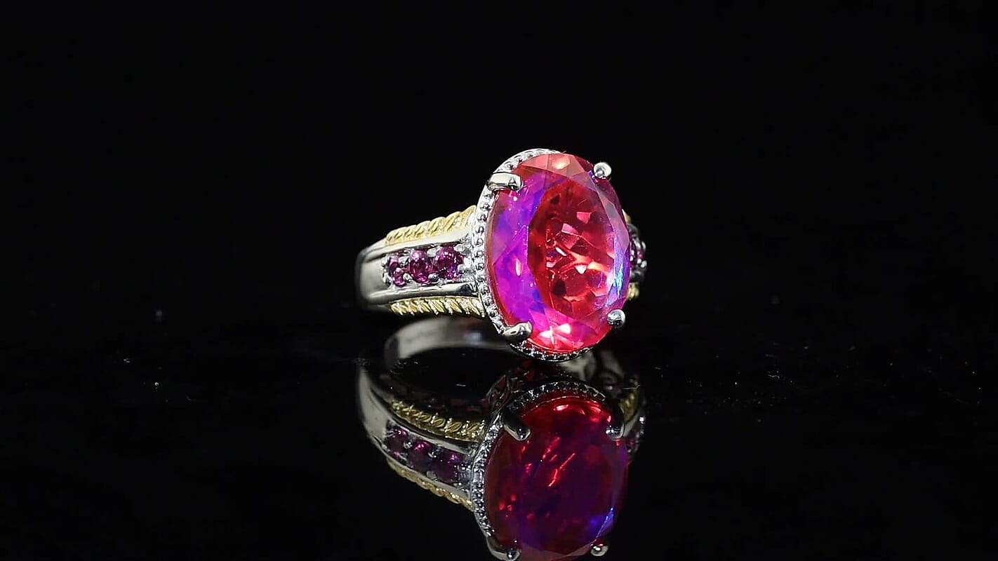 EverTrue Volcanic Triplet Quartz and Orissa Rhodolite Garnet 12.50 ctw Ring in 18K YG Plated and Platinum Bond (Size 7.0)