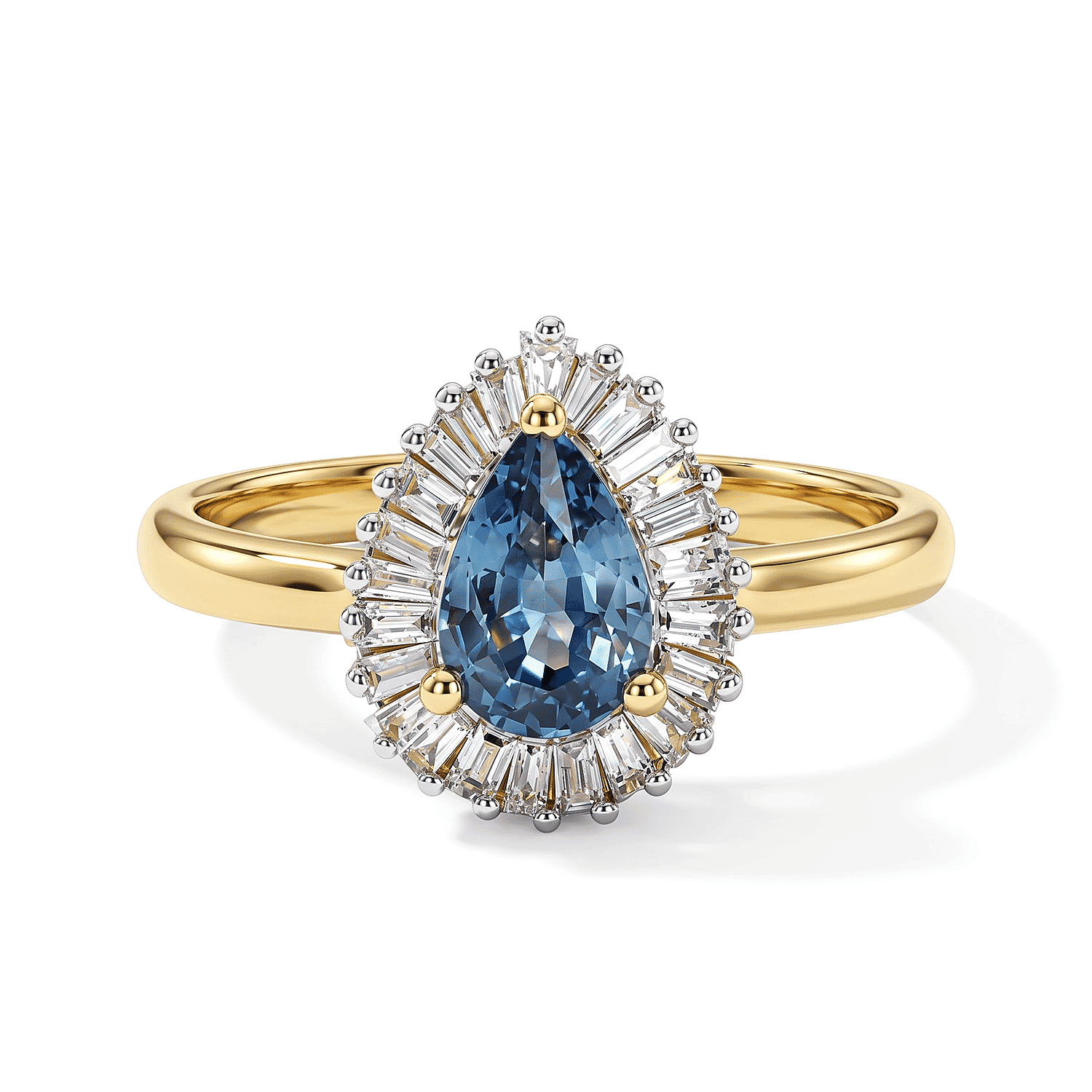 Premium Montana Sapphire and Diamond (I2) 0.75 ctw Rockies Sunburst Ring in 10K Yellow Gold (Size 6.0)