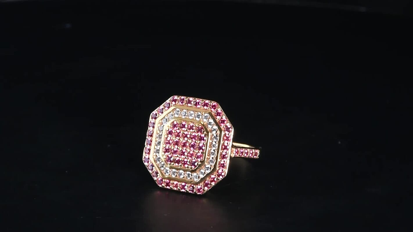 D''Joy Premium Padparadscha Sapphire, Moissanite Ring in 18K Vermeil YG Over Sterling Silver (Size 10.0) 1.50 ctw