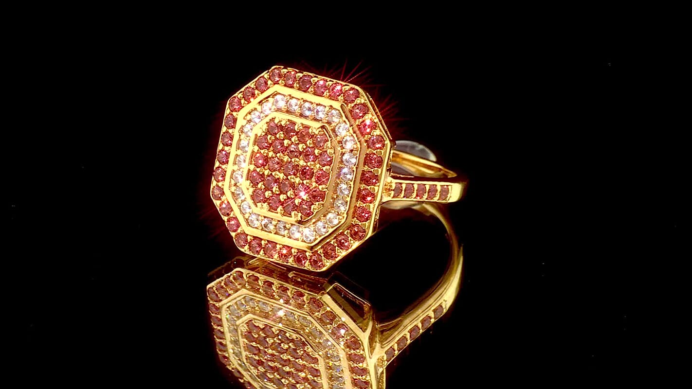 D''Joy Premium Padparadscha Sapphire, Moissanite Ring in 18K Vermeil YG Over Sterling Silver (Size 10.0) 1.50 ctw
