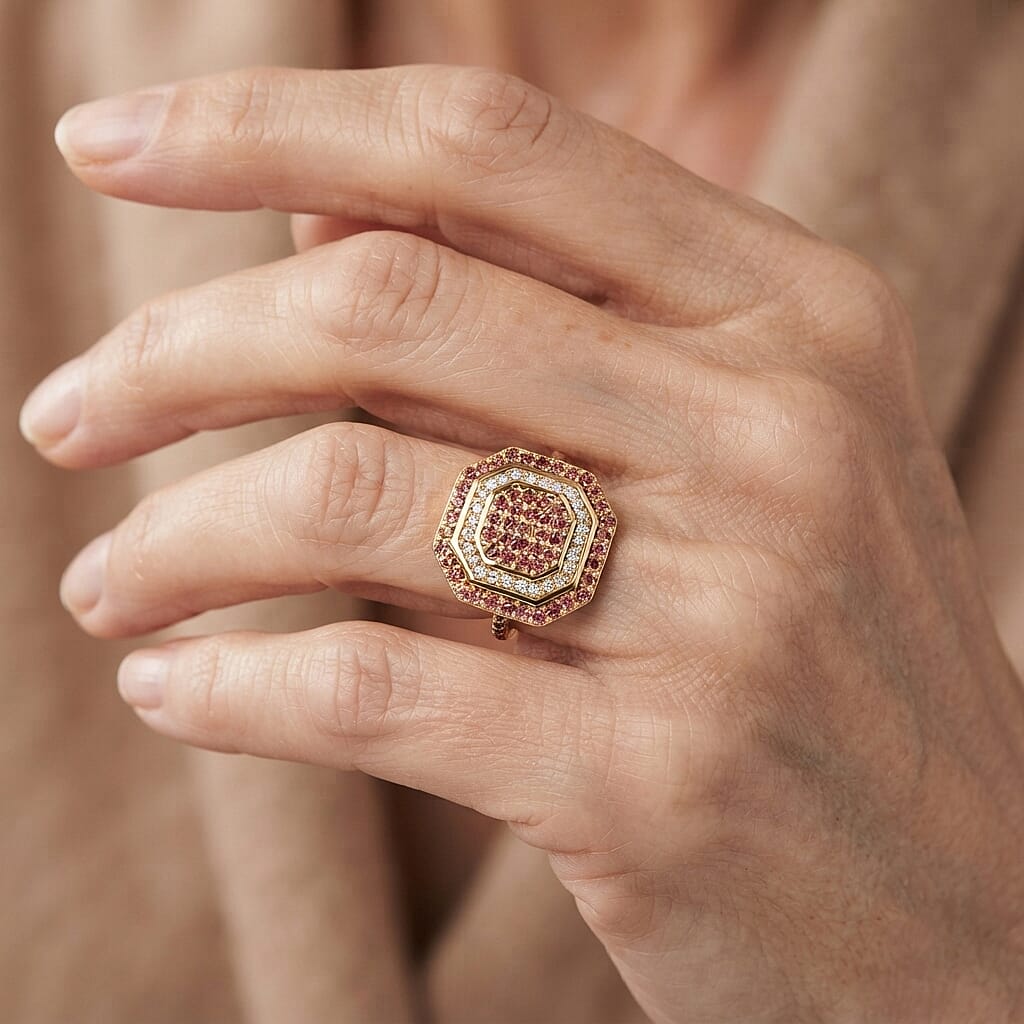 D'Joy Premium Padparadscha Sapphire (BT) and Moissanite 1.50 ctw Imperial Octagon Ring in 18K Vermeil Yellow Gold Over Sterling Silver (Size 7.0)