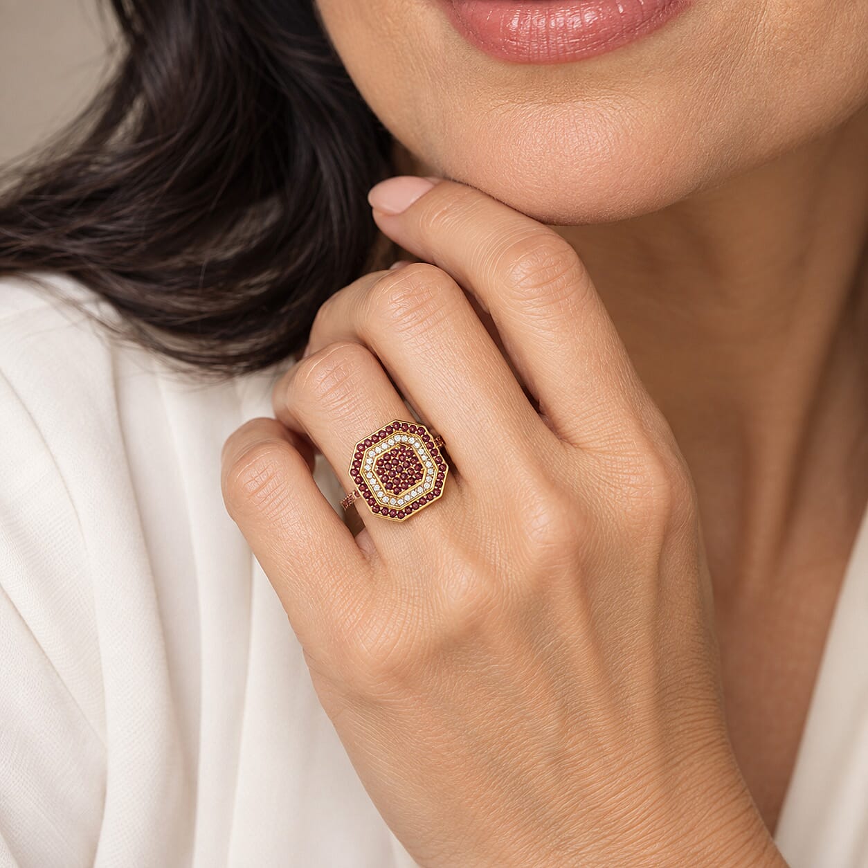 D'Joy Premium Padparadscha Sapphire (BT) and Moissanite 1.50 ctw Imperial Octagon Ring in 18K Vermeil Yellow Gold Over Sterling Silver (Size 7.0)