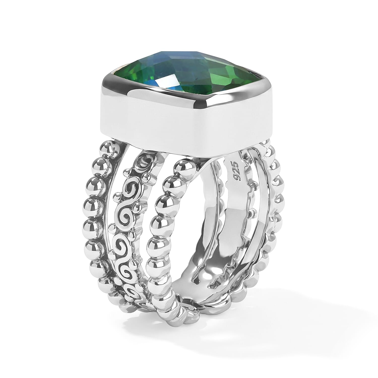 Sajen Silver Rainbow Caribbean Doublet Quartz 11.50 ctw Ring in Rhodium Over Sterling Silver (Size 6.0)