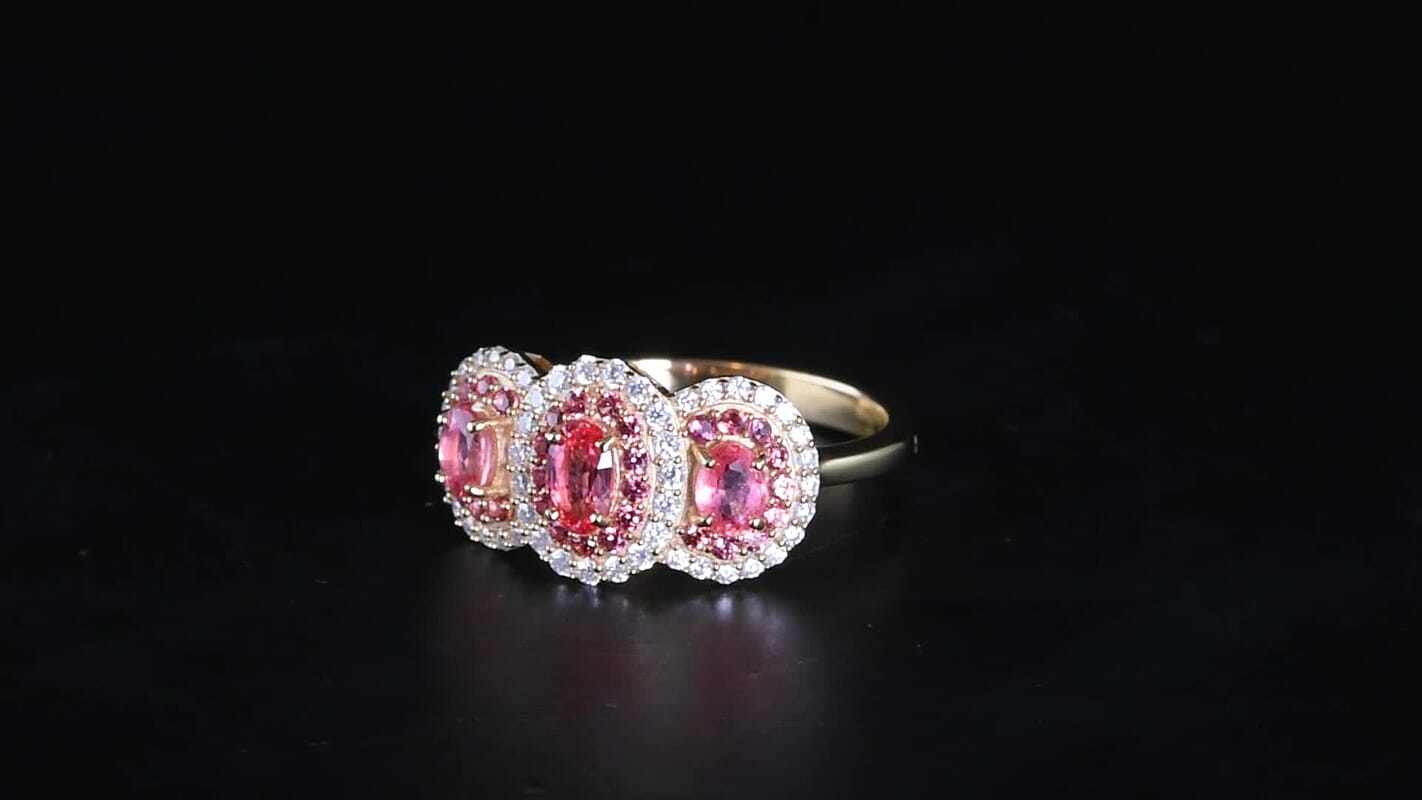 D''Joy AAA Padparadscha Sapphire, Moissanite Ring in 18K Vermeil YG Over Sterling Silver (Size 10.0) 1.40 ctw