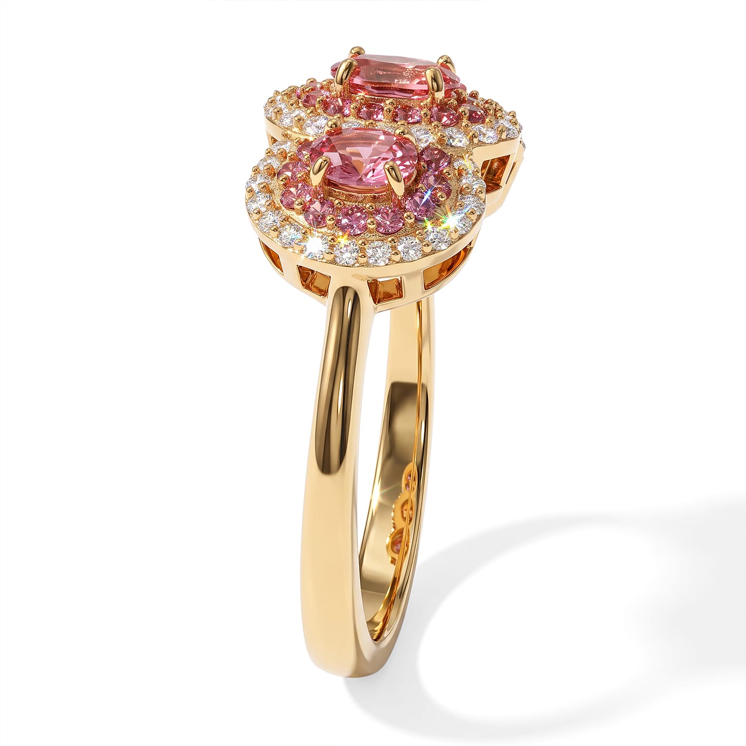 D'Joy AAA Padparadscha Sapphire (BT) and Moissanite 1.40 ctw Trinity Royale Ring in 18K Vermeil Yellow Gold Over Sterling Silver (Size 7.0)
