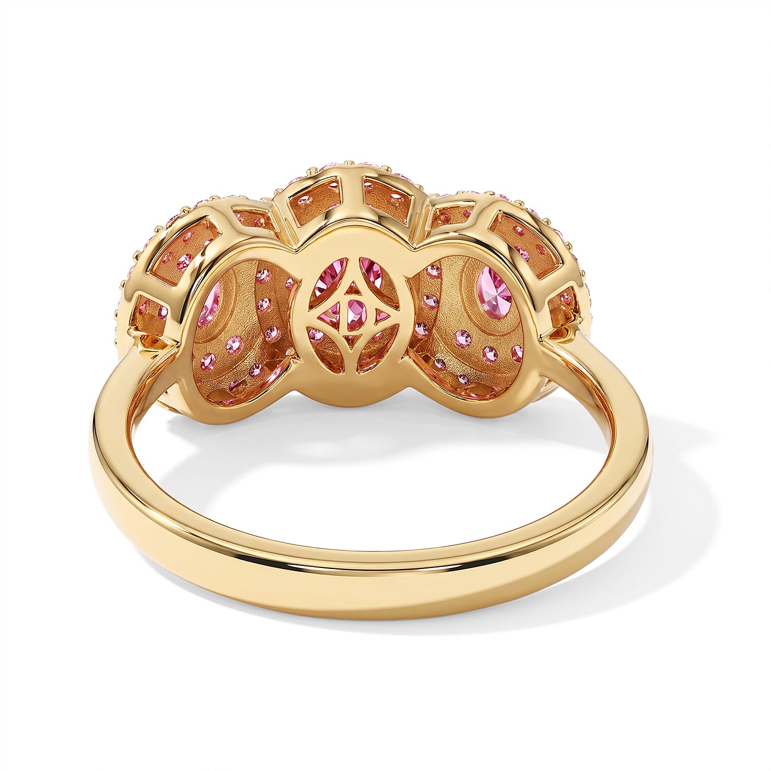 D'Joy AAA Padparadscha Sapphire (BT) and Moissanite 1.40 ctw Trinity Royale Ring in 18K Vermeil Yellow Gold Over Sterling Silver (Size 7.0)