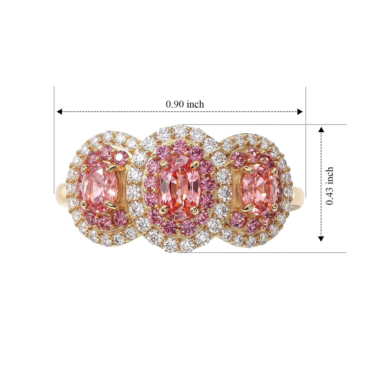 D'Joy AAA Padparadscha Sapphire (BT) and Moissanite 1.40 ctw Trinity Royale Ring in 18K Vermeil Yellow Gold Over Sterling Silver (Size 7.0)