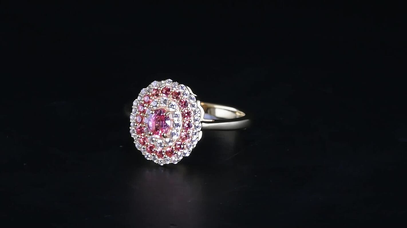 D''Joy AAA Padparadscha Sapphire, White Zircon Ring in 18K Vermeil YG Over Sterling Silver (Size 10.0) 1.10 ctw